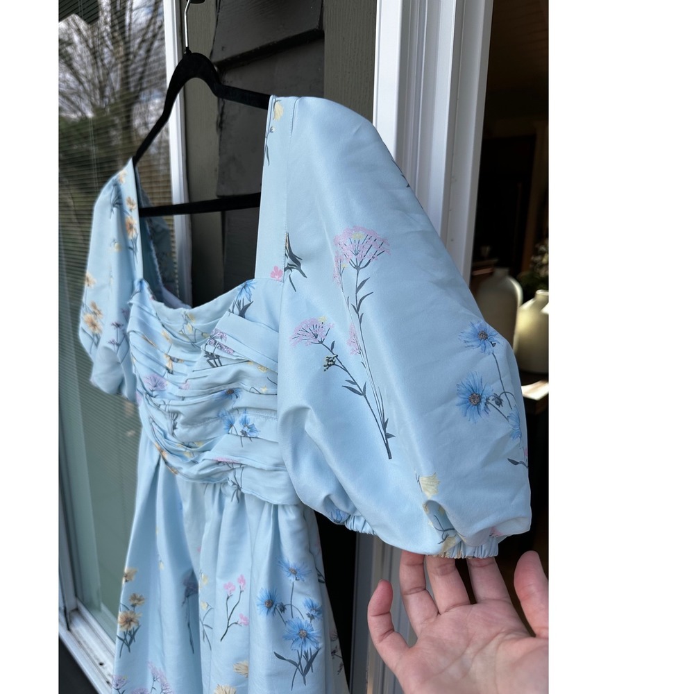 Self-Portrait Light Blue Floral Taffeta Puff Sleeve Mini Dress Square Neck 10 - Picture 5 of 8